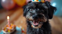 Adorable black terrier dog celebrating birthday with cake and candle, colorful party background with bokeh lights and festive atmosphere.