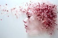 Young woman profile with pink butterfly hair dispersion effect on white background. Creative digital art concept for beauty and transformation themes.