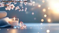Tranquil spa composition with glowing candle, healing crystals and cherry blossoms against blurred blue background with bokeh lights creating zen atmosphere.