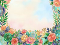 Watercolor floral border frame with roses, peonies, and gold accents on pastel background, perfect for wedding invitations and greeting cards.