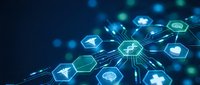 Digital healthcare technology network with glowing medical icons and hexagonal interface elements on dark blue background for modern medicine concepts.