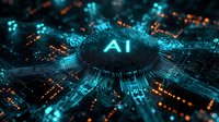 Glowing AI processor chip with blue neon light effect on dark background, digital technology concept with circuit board pattern and electronic connections.