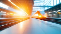Modern train station platform with dramatic motion blur and sunlight streaming through glass roof, creating dynamic orange glow effect and sense of speed and movement.