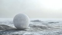 Minimalist snowball on textured snowy ground against soft winter sky, creating serene winter landscape with natural lighting and atmospheric depth.