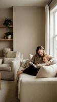 Young mother reading book with toddler son on beige sofa in cozy living room with natural light and plants for family bonding and early childhood education.