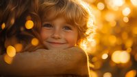 Smiling young child with curly blonde hair against warm golden bokeh background, backlit with soft glow creating magical holiday atmosphere.