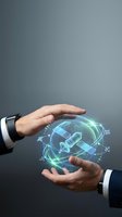 Businessman hands protecting holographic brain with digital network connections and data visualization for AI technology and innovation concepts.