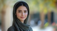 Young woman wearing dark green hijab smiling confidently at camera with soft bokeh background, representing modern Middle Eastern lifestyle and cultural diversity.