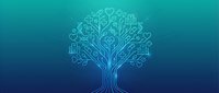 Digital technology tree with circuit board branches and tech icons on turquoise blue gradient background for innovation concepts and modern business solutions.