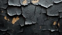 Cracked and peeling dark gray paint texture on old wall surface reveals underlying beige layers, creating abstract pattern of decay and weathering effects.