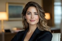 Professional woman with long wavy brunette hair wearing black blazer in modern office setting, suitable for corporate, business, and professional headshot uses.