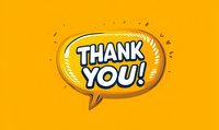 Yellow speech bubble with bold white text saying thank you, decorated with hand drawn style elements on vibrant orange background, suitable for greeting cards and social media.