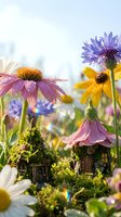 Miniature fairy houses nestled among colorful wildflowers with morning dew drops creating magical garden scene for fantasy storytelling and enchanted decor.