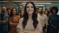 Confident young woman with arms crossed smiling at camera with diverse professional team standing behind her in modern office environment.