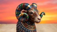 Ornate ram sculpture with intricate colorful patterns and golden details against vibrant sunset sky, showcasing traditional decorative art and craftsmanship.
