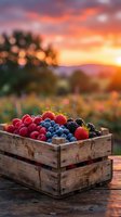 Fresh mixed berries in rustic wooden crate at golden hour sunset with blurred countryside landscape background for healthy eating and farm concepts.
