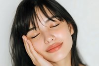 Young Asian woman with closed eyes and serene expression resting her face on hand against white background, conveying peace and tranquility.