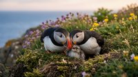 Two Atlantic puffins with colorful beaks sitting together on grassy cliff edge with wildflowers overlooking ocean during golden hour sunset lighting.