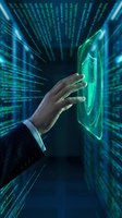 Businessman hand touching futuristic holographic interface with glowing green digital elements surrounded by streaming data code matrix background.