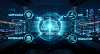Digital justice scales with glowing compliance, law, governance and regulation icons in futuristic cyber network for legal technology solutions.
