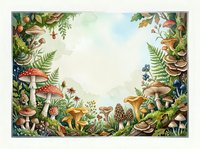 Enchanted forest frame with mushrooms, ferns and woodland plants creating magical border for nature designs and fairy tale projects.