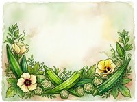 Okra and flower frame with vintage watercolor style border, isolated on aged cream background, ready for recipe cards, menu design, culinary labels, and garden-themed projects.