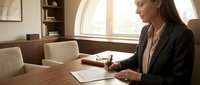 Professional businesswoman writing documents at wooden desk in modern office with natural lighting and contemporary furniture.
