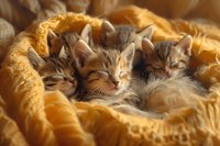 Three adorable tabby kittens sleeping together nestled in soft yellow blanket, captured in warm natural lighting with shallow depth of field.