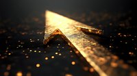 Golden metallic arrow cursor glowing on dark background with bokeh particles and dramatic lighting effect, suitable for technology and digital concepts.