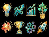 Watercolor business clipart set with light bulb, trophy, rocket, gears, growth chart, megaphone, and plant, isolated on transparent background for stickers, t-shirts, print on demand.