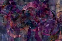 Abstract purple and pink artistic composition with overlapping translucent shapes creating depth and movement against dark background, suitable for modern interior decor.