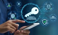 Cybersecurity concept with hand holding smartphone displaying digital key icon surrounded by authentication and security symbols on blue background.