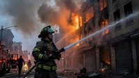 Firefighter in protective gear battles intense urban building fire with water hose as flames and smoke engulf city street during emergency response operation.