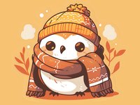 Cute cartoon owl wearing winter knit hat and cozy scarf in warm autumn colors against orange background with decorative leaves, kawaii style illustration.