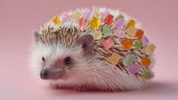 Adorable hedgehog decorated with colorful paper flowers on pink background for spring celebration and party themes.