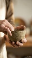 Elderly hands gently holding handmade ceramic bowl in warm pottery studio atmosphere showcasing traditional craftsmanship and artisan skills.