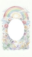 Watercolor floral frame with pastel rainbow and flowers on white background. Oval border with roses, leaves and stars for baby shower invitations.