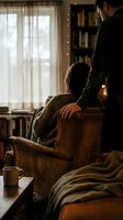 Couple sharing intimate moment in cozy home library with warm lighting and leather armchair creating romantic atmosphere for relationship content.