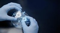 Medical researcher in protective gloves examining coronavirus model in laboratory petri dish for scientific study and vaccine development research.