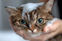 Wet brown tabby cat with bright blue eyes during bath time, close up portrait while being held by caring hands showing facial expression and soapy fur.