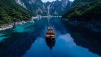 Wooden sailing vessel floating on tranquil turquoise waters surrounded by dramatic mountain cliffs and lush forest, creating mirror-like reflections in calm fjord.