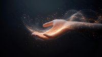 Glowing female hand reaching out with magical light particles and energy waves flowing against dark background, creating mystical ethereal atmosphere.