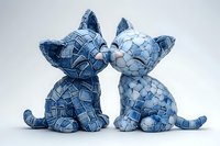 Mosaic ceramic cats kissing, decorative blue and white porcelain figurines with crackle pattern design on white background, romantic home decor sculpture art piece.