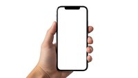 Hand holding modern smartphone with blank white screen isolated on white background for mockup design and app presentation purposes.