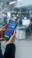 Hand holding smartphone displaying investment strategy app with financial charts and analytics dashboard in modern office environment.