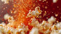 Fresh popcorn kernels exploding with dynamic motion against vibrant red and orange background, perfect for food advertising, cinema promotion or entertainment marketing materials.