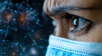 Close-up of brown eye wearing medical face mask with digital network visualization and light effects in background, representing healthcare technology and protection.