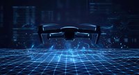 Modern drone hovering over digital grid surface with blue neon lighting and futuristic cityscape background for technology and innovation concepts.