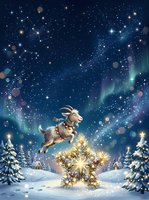 Magical winter scene featuring a leaping goat above a glowing golden star in snowy landscape with northern lights and starry sky, suitable for holiday greeting cards and seasonal designs.