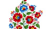 Folk art floral bouquet with red and blue flowers in traditional decorative style isolated on white background for design projects.